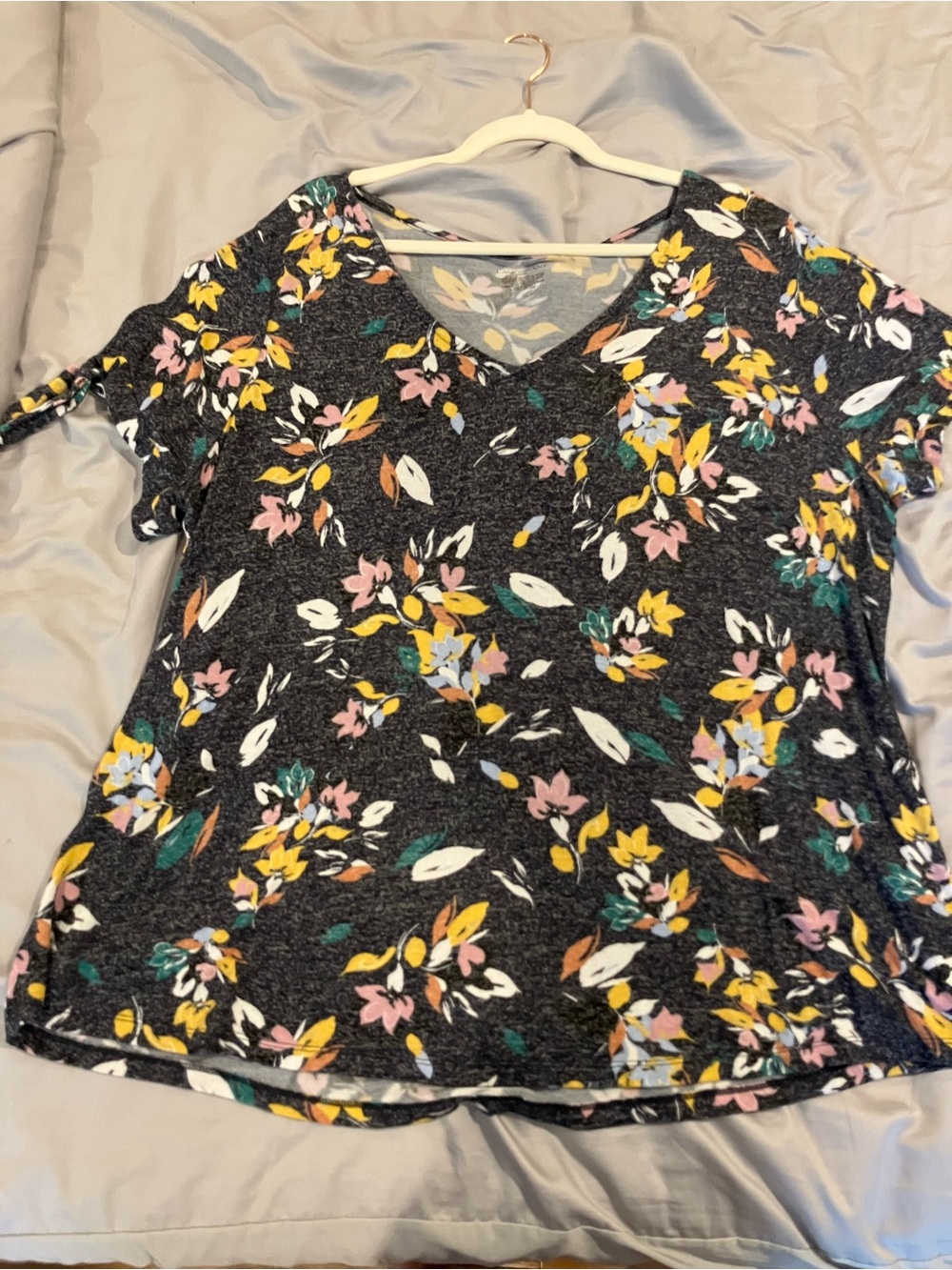 Lane Bryant Dark Gray Floral V-Neck Tee with Pink, Yellow & Teal Accents